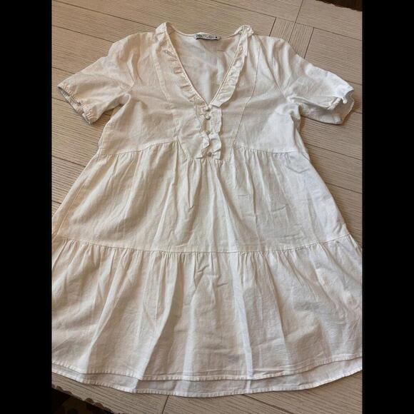 Zara White Babydoll Dress, Knee Length, Ruffle Detai & Gathered Short Sleeves. S - Picture 6 of 11